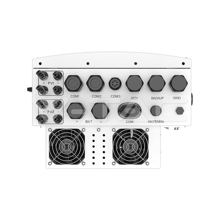 12223-5 Vedere din spate a invertorului Solis Hibrid 6kWh S6-EH1P6K-L-PLUS Monofazat care afișează diferite porturi, conectori și două ventilatoare de răcire.