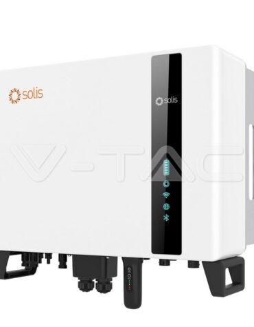 Un invertor alb Solis Hibrid 10kWh S6-EH3P10K2-H Trifazat High Voltage cu sigla Solis în stânga sus, cu un panou de afișare vertical negru care indică starea de funcționare.