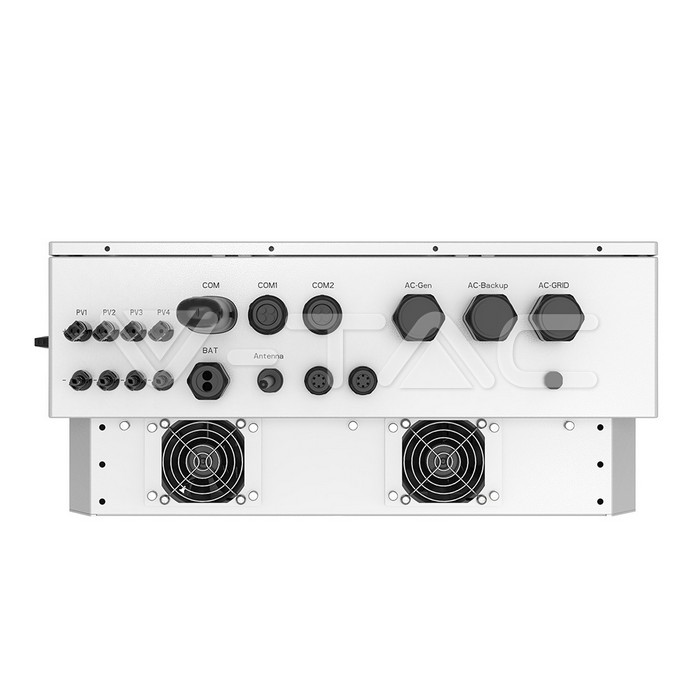 12225-5 Un dispozitiv electronic de înaltă tensiune Invertor Solis Hibrid 12kWh S6-EH3P12K-H Trifazat alb, echipat cu conectori multipli și două ventilatoare de răcire în partea de jos.