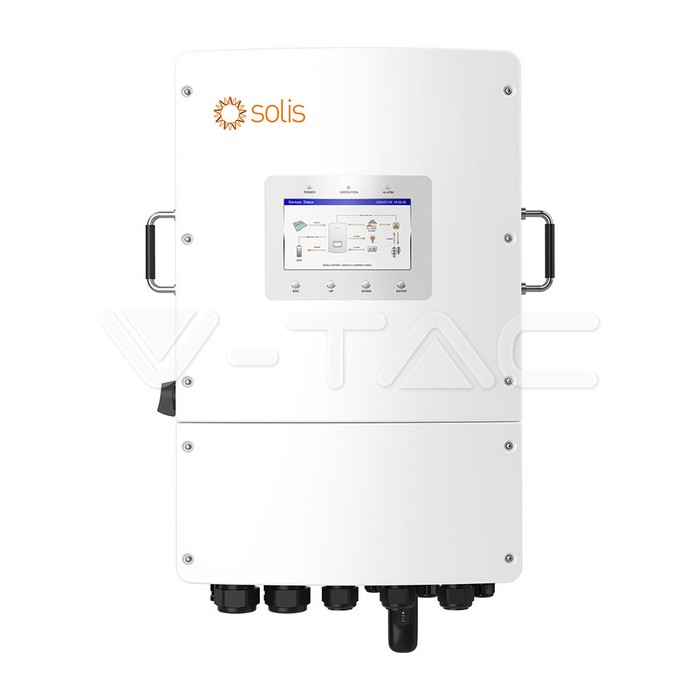 12228-2 Invertor hibrid Solis alb 12kWh S6-EH3P12K02-NV-YD-L Trifazat de joasă tensiune, cu un afișaj digital și mai multe porturi în partea de jos.