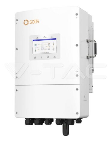Un invertor alb Solis Hibrid 15kWh S6-EH3P15K02-NV-YD-L Trifazat Low Voltage, cu un afișaj digital și mai multe porturi de conectare în partea de jos.