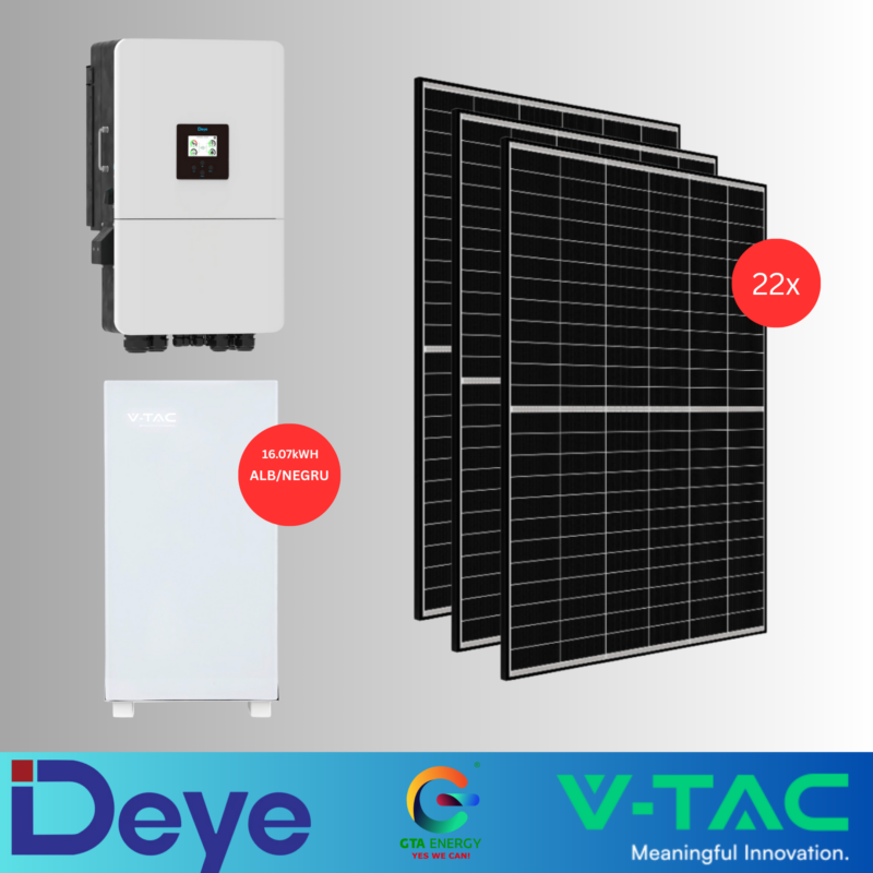 KIT FOTOVOLTAIC 10kW TRIFAZAT HIBRID DEYE SUN-10K-SG05LP3-EU-SM2 + Acumulator V-TAC 16.07kWh PowerWall + Panouri Canadian Solar 460W (22 panouri)