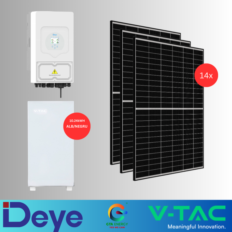 KIT FOTOVOLTAIC 6kW HIBRID DEYE SUN-6K-SG05LP1-EU-AM2-P + Acumulator V-TAC 10.24kWh PowerWall+ Panouri Canadian Solar 460W (14 panouri)