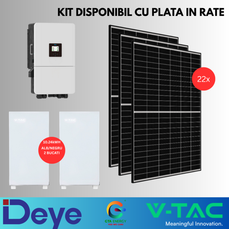 Kit in Rate - Kit Fotovoltaic 10kW Trifazat HIBRID DEYE SUN-10K-SG05LP3-EU-SM2 + 2x Acumulator V-TAC 10.24kWh PowerWall (Total 20.48kWH) + Panouri Canadian Solar 460W (22 panouri)