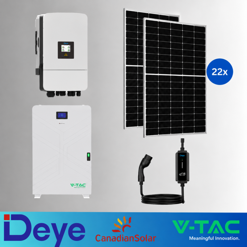 KIT FOTOVOLTAIC 10kW TRIFAZAT HIBRID DEYE SUN-10K-SG05LP3-EU-SM2 + Acumulator V-TAC 14.33kWh LiFePO4 IP20+Panouri Canadian Solar 460W (22 panouri) + Stație Încărcare Masini Electrice 400V, 22ackW, Reglabila, DEYE