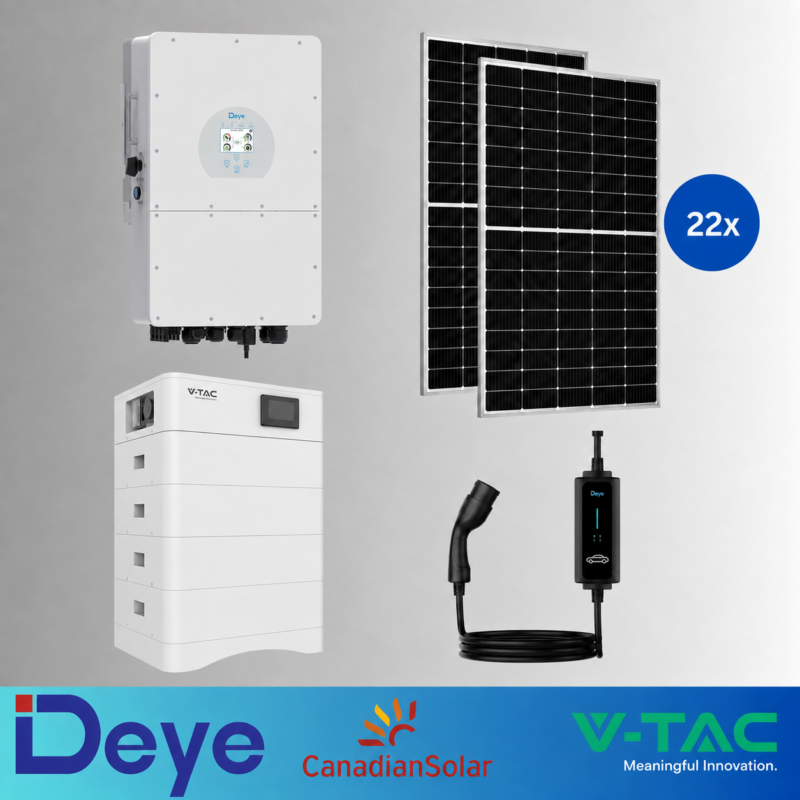KIT FOTOVOLTAIC 10kW TRIFAZAT HIGH VOLTAGE HIBRID DEYE SUN-10K-SG01HP3-EU-AM2 + Set Acumulatori LiFePO4 High Voltage V-TAC 20.48kWh IP65 +Panouri Canadian Solar 460W (22 panouri) + Stație Încărcare Masini Electrice 400V, 22ackW, Reglabila, DEYE