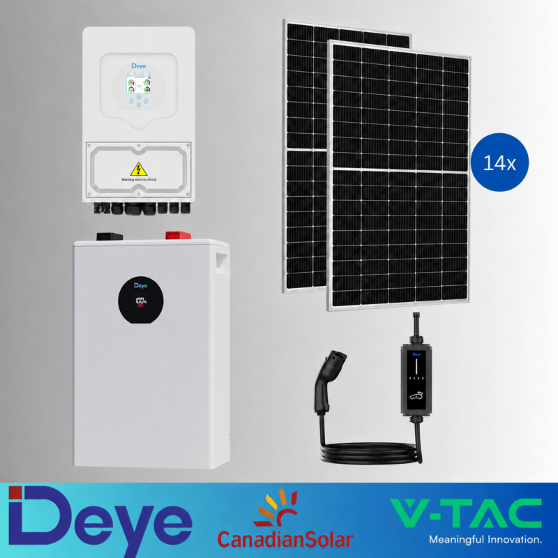 KIT FOTOVOLTAIC 6kW MONOFAZAT HIBRID DEYE SUN-6K-SG05LP1-EU + Acumulator DEYE 16kWh LiFePO4 IP21+Panouri Canadian Solar 460W (14 panouri) + Stație Încărcare Masini Electrice 400V, 22ackW, Reglabila, DEYE
