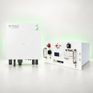 KIT Invertor Hibrid V-TAC Isuna 6000S 6kW Monofazat + Acumulator V-TAC 9,6 kWh 1 Kit V-TAC iSuna 6000S 6 kW cu acumulator V-TAC 9,6 kWh rack alb