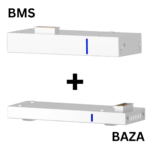 Două dispozitive electronice dreptunghiulare etichetate BMS și Baza pentru sistemul Deye All in One DEYE-AI-W5.1 cu un semn plus între ele, indicând o combinație sau o conexiune, similară cu tehnologia de ultimă oră a invertorului Huawei.