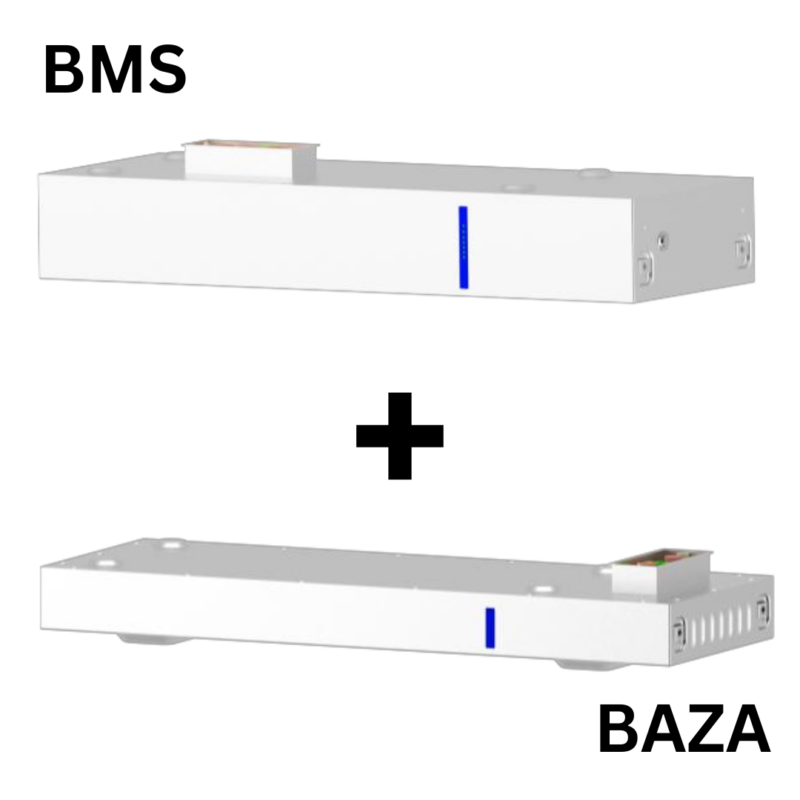 Două dispozitive electronice dreptunghiulare etichetate BMS și Baza pentru sistemul Deye All in One DEYE-AI-W5.1 cu un semn plus între ele, indicând o combinație sau o conexiune, similară cu tehnologia de ultimă oră a invertorului Huawei.