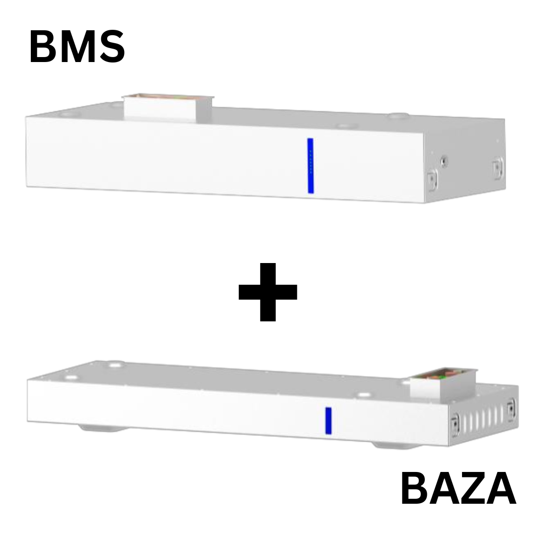 BMS (1) Două dispozitive electronice dreptunghiulare etichetate BMS și Baza pentru sistemul Deye All in One DEYE-AI-W5.1 cu un semn plus între ele, indicând o combinație sau o conexiune, similară cu tehnologia de ultimă oră a invertorului Huawei.