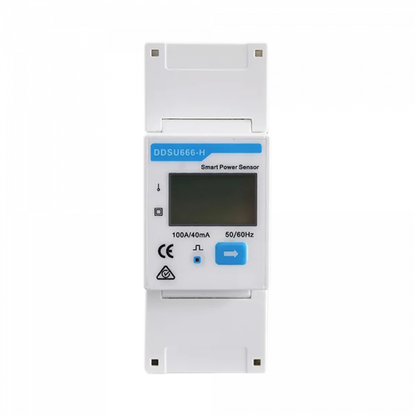 Smart Meter DDSU666-H, Monofazat este un senzor digital inteligent de putere cu ecran de afișare și compatibilitate cu sistemele invertoare Deye. Are specificații de 100A/40mA și 50/60Hz, toate proiectate elegant în alb cu accente albastre.