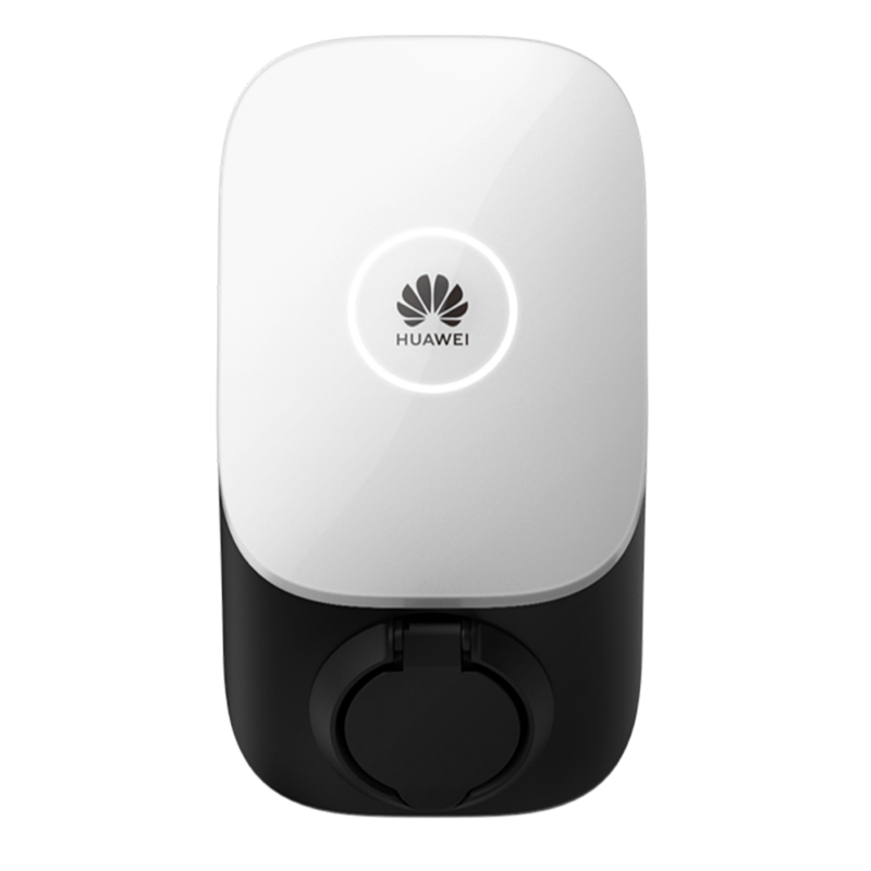 Experimentați designul elegant al stației de încărcare pentru vehicule electrice HUAWEI, 7,4 kW, 7KS-S0, 32A, monofazată, cu o emblemă circulară în centru și o capacitate de invertor pentru performanțe superioare.
