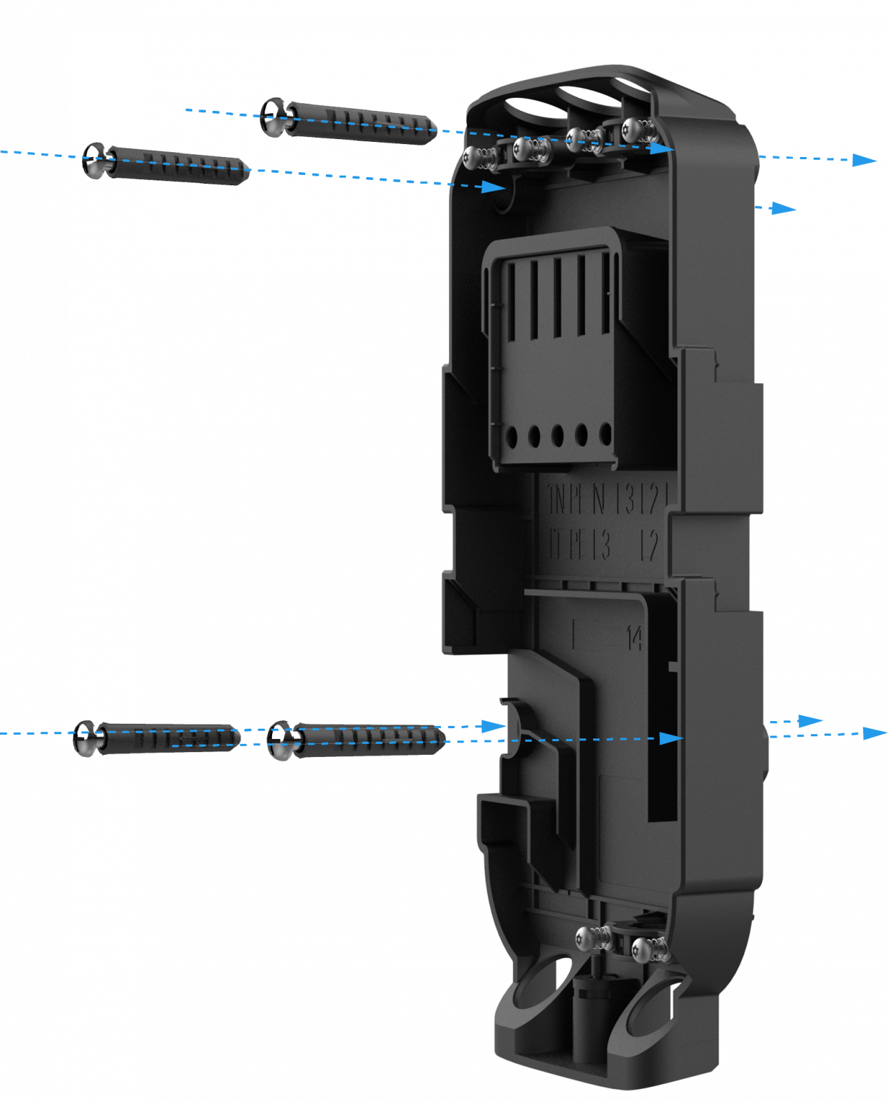 statie-huawei-de-incarcare-masini-electrice-7-4kw-7ks-s0-32a-monofazat-576603 O redare 3D a unui suport electric de montare pe perete cu șuruburi și dibluri, perfect pentru instalarea în siguranță a Stație HUAWEI de încărcare mașini electrice, 7.4kW, 7KS-S0, 32A, sistem Monofazat.