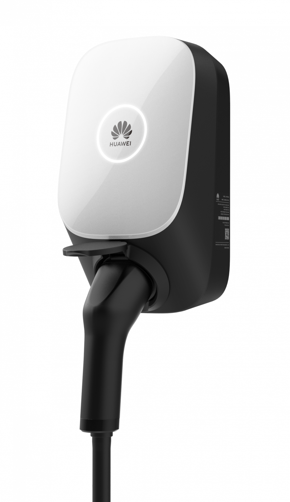 statie-huawei-de-incarcare-masini-electrice-7-4kw-7ks-s0-32a-monofazat-702651 Un încărcător EV elegant, montat pe perete, cu sigla Huawei, însoțit de un cablu de încărcare negru și un design sofisticat alb și negru - ideal pentru casele echipate cu Stație HUAWEI de încărcare mașini electrice, 7,4 kW, 7KS-S0, 32A, Monofazat .