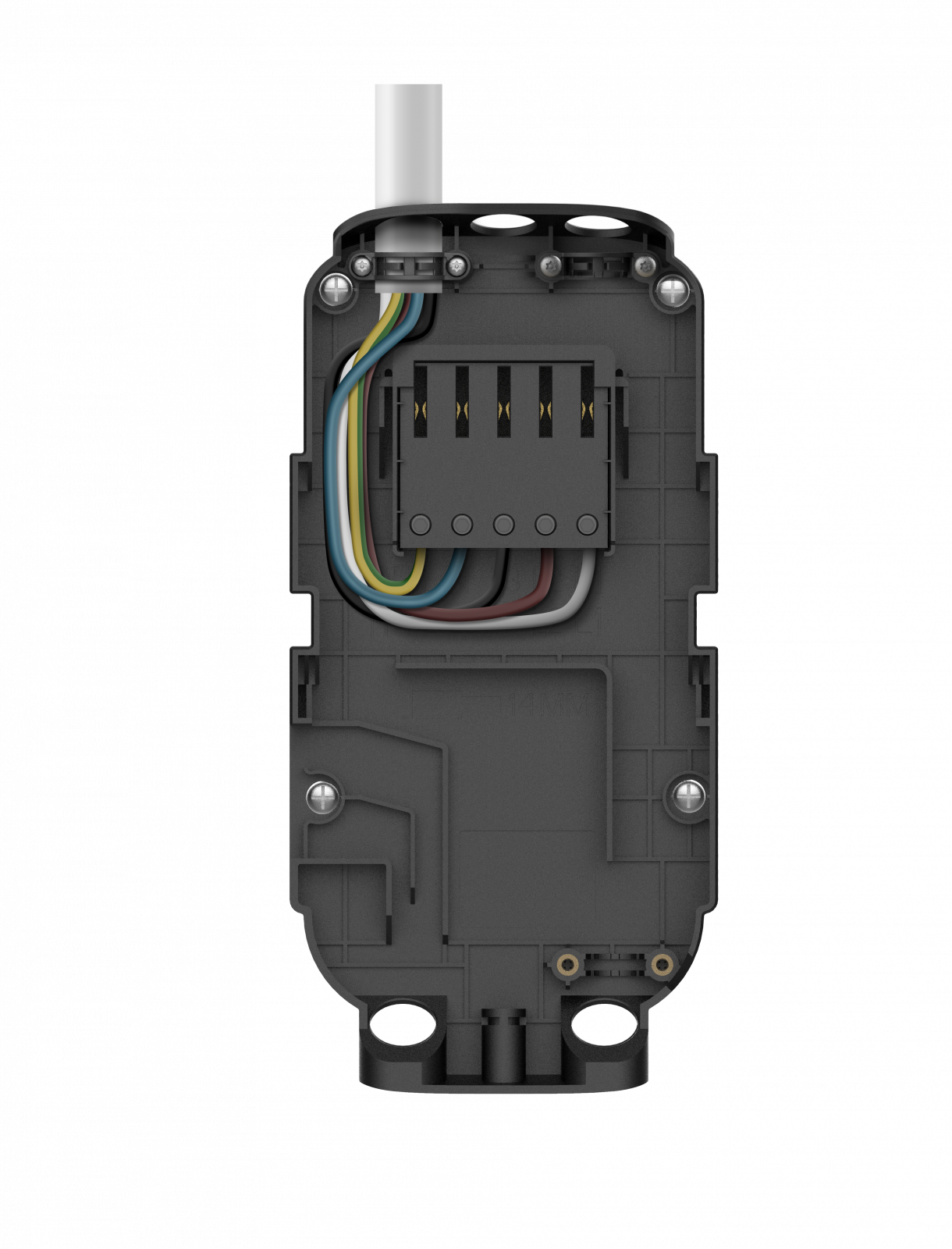 statie-huawei-de-incarcare-masini-electrice-7-4kw-7ks-s0-32a-monofazat-9565893703 Vedere interioară a unei cutii de joncțiune electrică neagră cu fire colorate conectate la un bloc terminal, evidențiind integrarea cu o Stație HUAWEI de încărcare mașini electrice, 22kW, 22KT-S0, 32A, Trifazat.